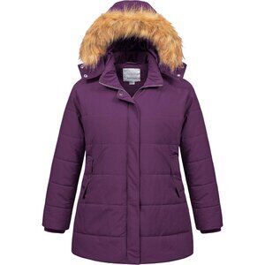 Women's Waterproof Purple Long Puffer Hood Jacket Coat Winter Warm Removable Fur